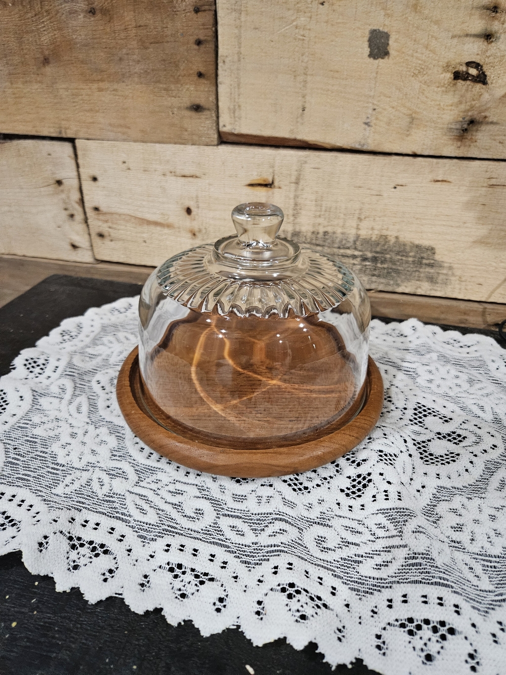 Glass Dome Butter Dish with Wooden Base - Clear and Brown